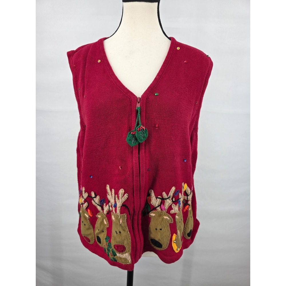 Carolina Colours Red Reindeer Christmas Sweater Vest Sequin Zip Up Womens XL